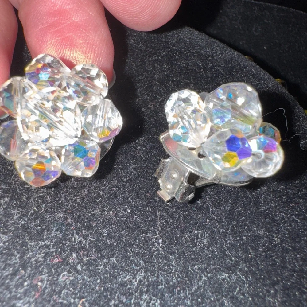 Vintage Crystal Necklace 3 Strands Clip On Earrings Aurora Borealis Set Art Deco